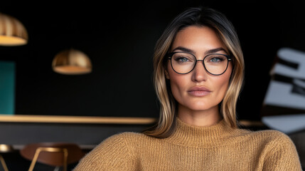 Confident young woman in stylish sweater with glasses seated in modern cafe