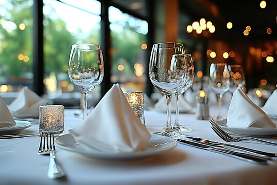 Elegant dining setup at a golf clubhouse with sparkling glassware and white table linens during twilight