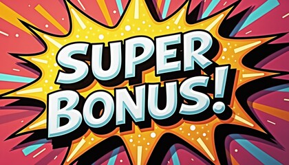 Super bonus announcement with vibrant comic-style explosion graphic on colorful background