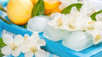 Spring Apricots, Ice Cubes, Blossoms on Blue Tray