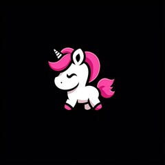 Fototapeta premium Adorable cartoon unicorn with a flowing pink mane and golden horn, set against a black background, exuding whimsy and magic. Perfect for fantasy, kids' art, and playful design themes.