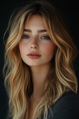 Naklejka premium A close-up portrait of a young woman with long, wavy blonde hair and natural makeup. She has a soft expression, with freckles on her cheeks and bright blue eyes, set against a dark background.