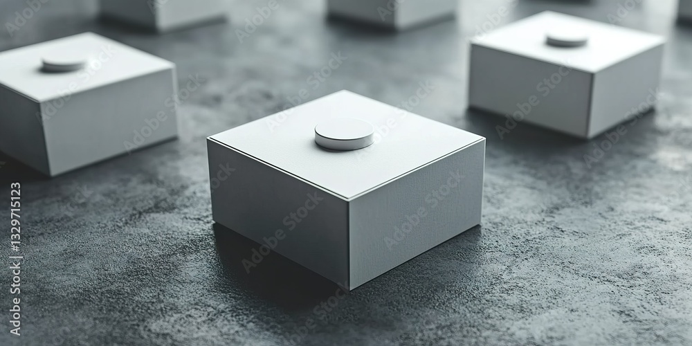 Poster square white boxes arranged on a textured gray surface in a modern setting with minimalistic design 
