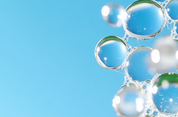Soap bubbles on blue background, ideal for cleaning product ad
