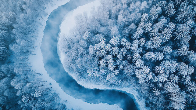 Aerial view of frozen forest and winding river, cool blue and white tones, soft morning mist, cinematic atmosphere, 16:9 landscape photography, premium nature series, depth of field