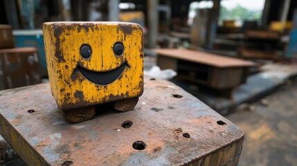 A small square rusty metal block with a smiley face stands amidst weathered surroundings, evoking resilience and joy.
