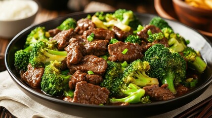 Delicious stir-fried beef with broccoli served in a vibrant dish at a cozy restaurant during dinner time