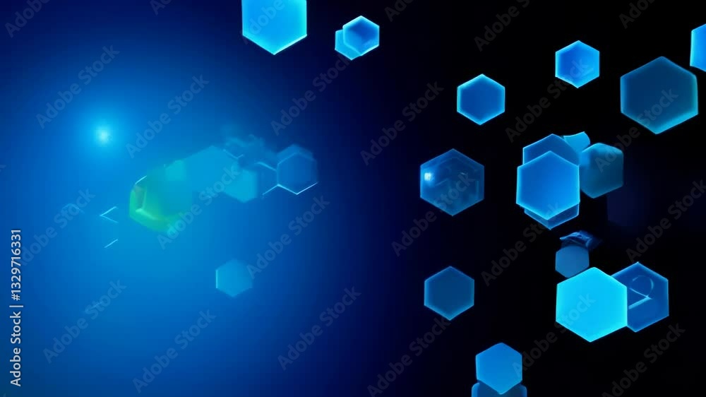 Poster a dynamic and visually striking blue hexagonal pattern featuring glowing elements ideal for tech and