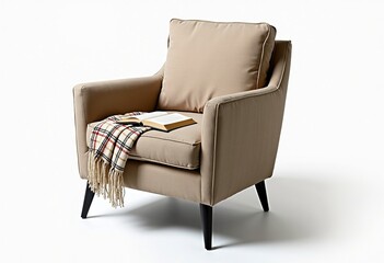 Isolated Comfort: Modern Beige Armchair with Plaid and Book – Discover a cozy and inviting scene featuring a stylish beige armchair with a plaid blanket and book, isolated against a clean white backgr