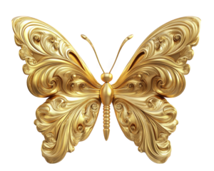 golden butterfly sculpture with intricate wing carvings, showcasing elegance and artistry. delicate details highlight beauty of nature in stunning design