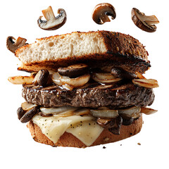 Juicy Steak Sandwich with Grilled Onions Mushrooms and Melted Cheese Isolated on Transparent Background