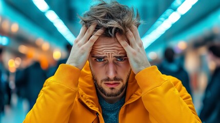 Stressed Young Man with Curly Hair in a Yellow Jacket