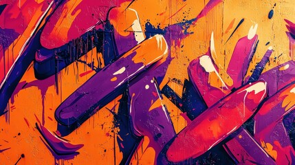Abstract graffiti art featuring vibrant orange and purple hues with splatters and bold strokes, creating a dynamic, modern urban aesthetic.