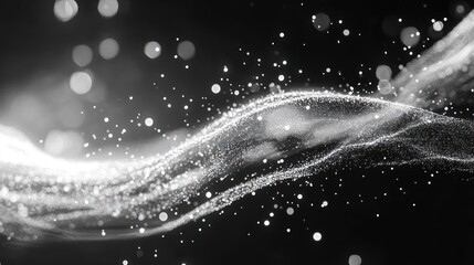 Abstract silver wave, particles, dark background, bokeh, digital art, website banner