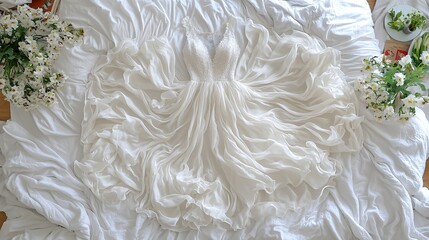 Fototapeta premium Elegant White Wedding Dress on Soft Bedding Surrounded by Fresh Flowers and Natural Light