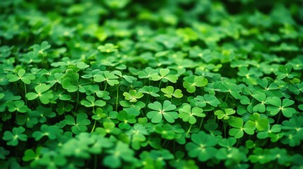 Obraz premium In the heart of a vibrant garden, abundant clover plants flourish, their vivid green leaves shimmering under the warm sun on a delightful early spring afternoon