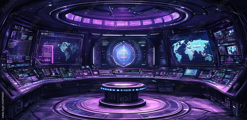 Poster futuristic command center with glowing screens and a central control table showcasing global maps an