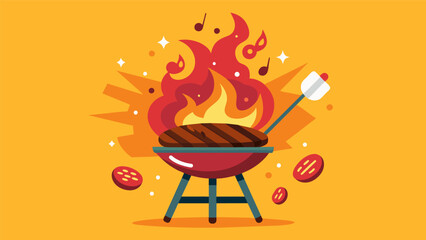 The sizzle of meat cooking on the grill can be heard over the lively music playing in the background.. Vector illustration