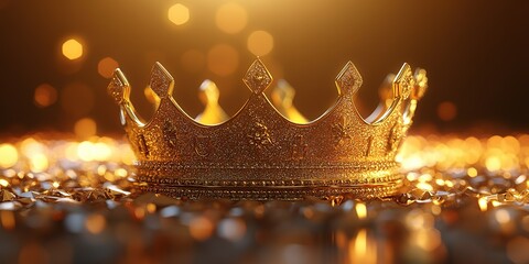 Golden crown glimmers amidst a backdrop of shimmering light and scattered gems during a festive celebration