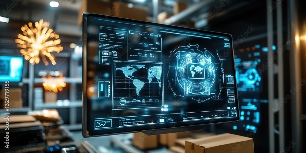 Aufkleber advanced digital monitoring system displaying global logistics data in a modern warehouse setting at