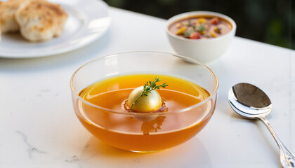 Elegant broth with garnish and side dishes on marble table