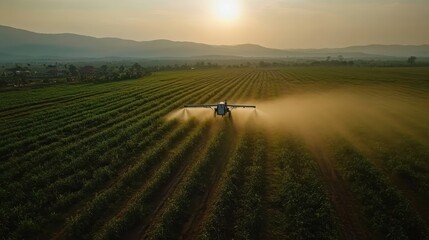 As the sun sets on the horizon, an agricultural aircraft methodically sprays pesticide over expansive sugarcane fields in a picturesque rural area