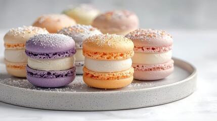 Fototapeta premium Pastel Macarons with Vanilla Cream Filling on Gray Plate