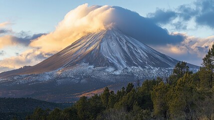 Fototapeta premium A high mountain peak dusted with snow and wreathed in wisps of dramatic clouds --chaos 20 --ar 16:9 --quality 2 --v 6.1 Job ID: a032b057-f2b5-4ba6-ad7d-862a4abe3134
