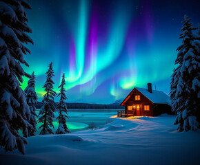 Fototapeta premium Majestic northern lights illuminate a cozy cabin by a frozen lake in the serene winter landscape