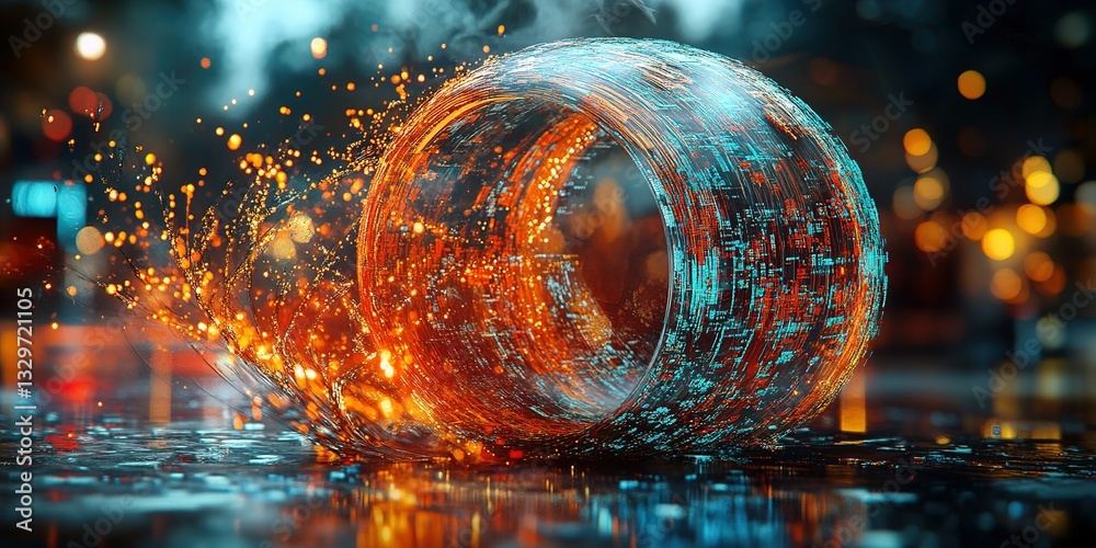 Poster vibrant digital swirl with sparks and water reflections creating a dynamic visual display at twiligh