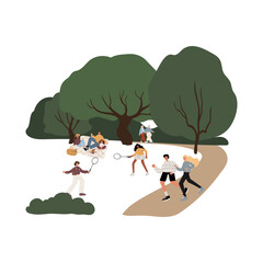 illustration of a lively park with diverse people enjoying a picnic, jogging, and playing badminton. Scenic outdoor setting with trees, walking paths, and relaxed atmosphere. Flat vector illustration.