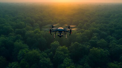 Aerial view of drones mapping a vast green forest to assess carbon absorption levels