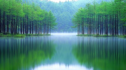 Obraz premium A peaceful lake in a dense forest reflecting the towering trees, with soft morning mist drifting across the water. --chaos 20 --ar 16:9 --quality 2 --v 6.1 Job ID: 8b17c718-e519-4dc3-ad03-b9d706e2766c