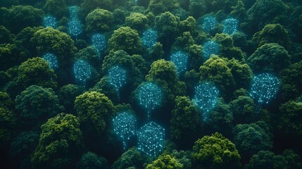 Obraz premium Futuristic smart forest with AI-driven technology optimizing carbon offset and conservation strategies