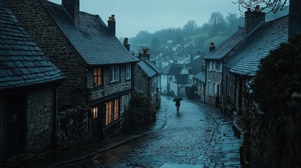 Obraz premium A solitary figure walks down a rain-slicked cobblestone street in a quaint village, surrounded by aged stone buildings under a misty, atmospheric sky.