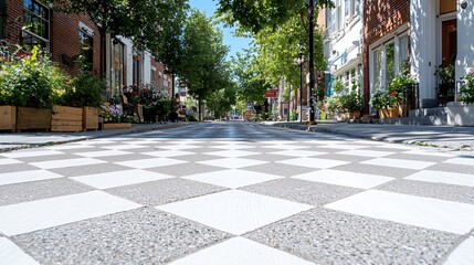 Obraz premium Charming European Street View with Checkerboard Pavement and Lush Greenery Under a Clear Blue Sky