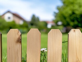 Fototapeta premium Wooden fence with flower in suburban backyard garden
