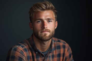 Fototapeta premium QA engineer. A young man with a beard and tousled hair, wearing a plaid shirt, looking directly at the camera with a calm expression against a dark background.