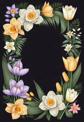 Botanical frame for use in graphics. Flowers leaves in the illustration. Oil painting