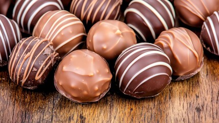 Obraz premium Milk and Dark Chocolate Truffles on Wooden Surface