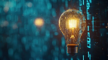 Glowing futuristic lightbulb with digital binary code and neural connections, symbolizing innovation and technology. Perfect for AI, creative solutions, and futuristic concept themes.