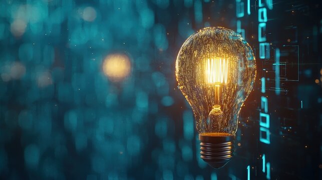 Glowing futuristic lightbulb with digital binary code and neural connections, symbolizing innovation and technology. Perfect for AI, creative solutions, and futuristic concept themes. - Powered by Adobe