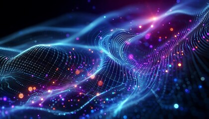 Futuristic Cyber Wave Glowing Particles and Motion Dots in a Neon Digital Landscape