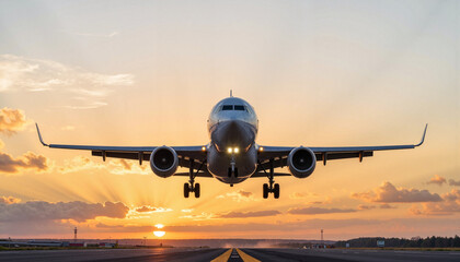 Fototapeta premium Airplane landing at sunrise with dramatic light, aviation journey
