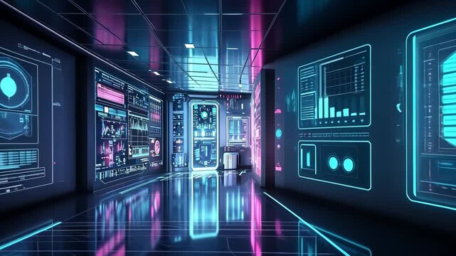 High-Tech Data Hub with Holographic Displays and AI Systems in a Neon-Lit Digital Environment