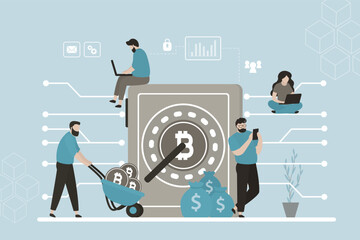 Strong box with bitcoins. Cryptocurrency savings. Investors buy and put bitcoin in virtual metal safe. Asset management. Deposit, finance, crypto investment concept.