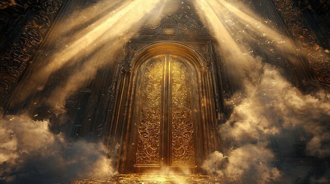 Ornate golden doors stand bathed in heavenly light, evoking a sense of mystery and grandeur. A celestial entrance shrouded in clouds and radiant beams.