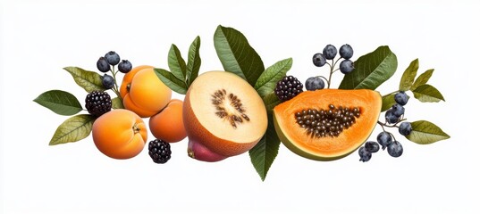 Summer Fruit Still Life Apricots, Papaya, and Berries with Green Leaves