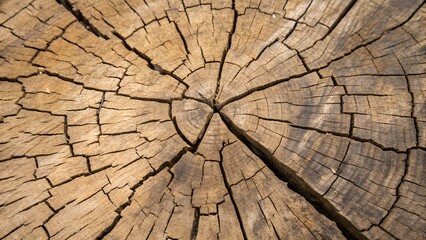 Fototapeta premium A Weathered Tree Stumps Intricate Network Of Cracks Tells A Silent Story Of Time And Resilience, Showcasing A Rich Tapestry Of Earthy Brown Hues In Detailed Texture