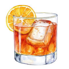 PNG Old Fashioned cocktail with ice cubes, orange slice. Watercolor illustration of a classic whiskey drink with artistic splash effect. Beverage art for menu and print.	
